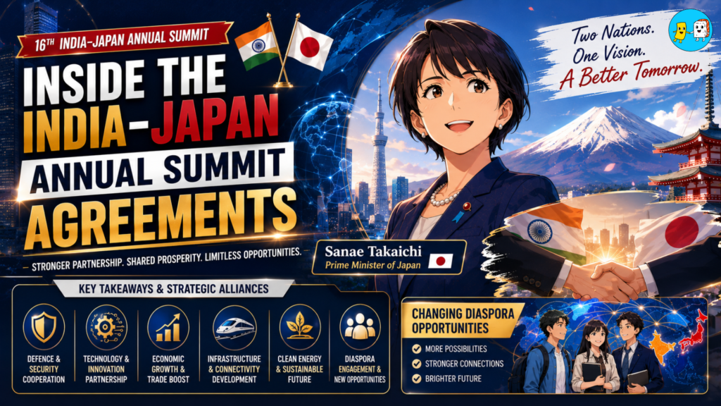 16th India-Japan Annual Summit: Historic Takeaways, Strategic Alliances, and Changing Diaspora Opportunities 2 Discover the key takeaways from the 16th India-Japan Annual Summit, covering 16 landmark MoUs across defence, AI, energy, and tech.