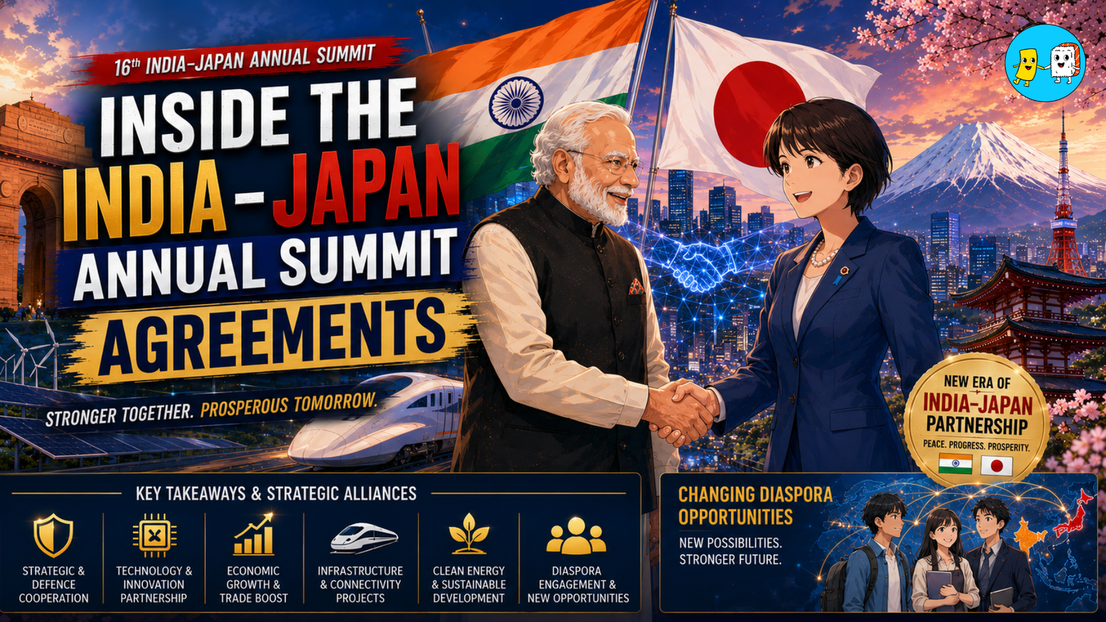 Blog 1 Discover the key takeaways from the 16th India-Japan Annual Summit, covering 16 landmark MoUs across defence, AI, energy, and tech.
